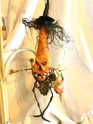 Primitive Handsculpted Papermache Creepy Vintage Witch Carrot Veggie & Radish 8”