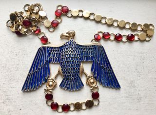 Vtg Rare Huge 1960s Napier Gold Plated Egyptian Revival Vulture Bird Necklace