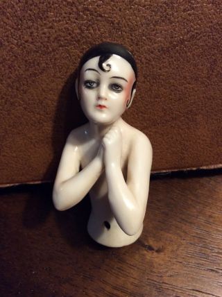 Antique Porcelain 3” Pierrete Flapper Porcelain Half Doll Lady Pin Cushion