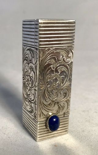 Antique Italian Peruzzi 800 Silver & Lapis Lazuli Lipstick Holder Mirror Compact