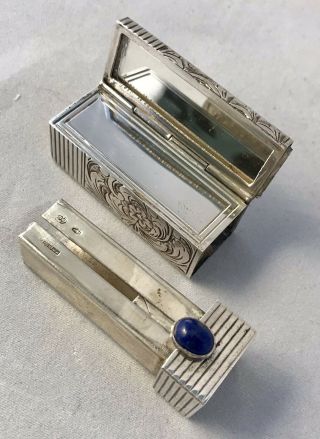 Antique Italian PERUZZI 800 Silver & Lapis Lazuli Lipstick Holder Mirror Compact 2