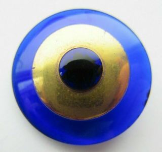 Striking Antique Vtg Victorian Cobalt Glass Button W/ Gold Luster Ring 7/8 " (t)