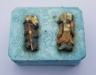 Antique Chinese Enameled Silver Metal Box Case Carved Painted Figures 19/20th C.
