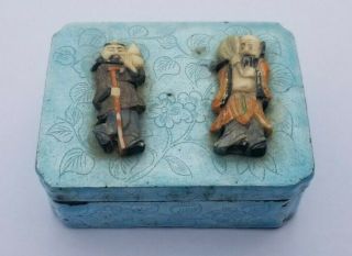 Antique Chinese Enameled Silver Metal Box Case Carved Painted Figures 19/20th C. 2