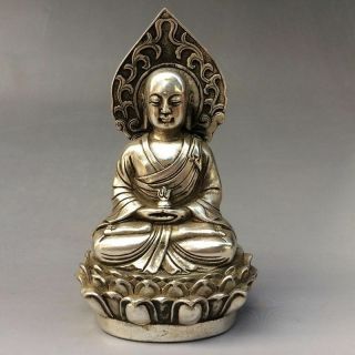Collectible Decorate Chinese Tibet Silver Handwork Carved Buddha Statue