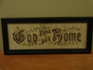 Vintage Embroidered Slogan/motto " God Bless Our Home " Framed