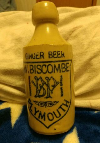 Antique 1890s Stoneware Pottery W.  Biscombe Plymouth Ginger Beer Bottle 7 " Tall