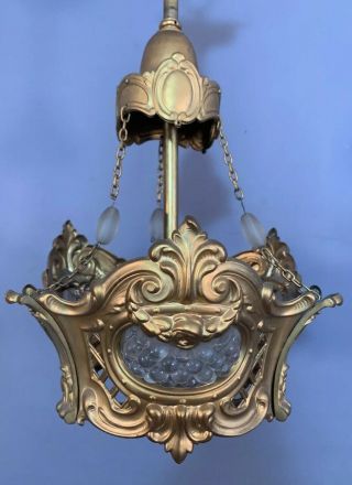 Antique Art Nouveau Era French Style Brass & Glass Hanging Crown Old Chandelier