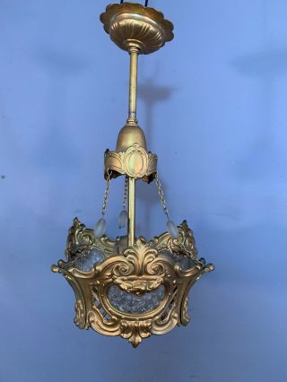 Antique ART NOUVEAU Era FRENCH Style BRASS & GLASS Hanging CROWN Old CHANDELIER 2