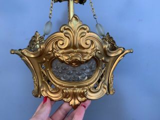Antique ART NOUVEAU Era FRENCH Style BRASS & GLASS Hanging CROWN Old CHANDELIER 3