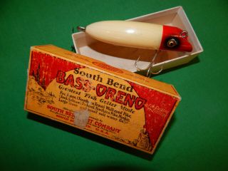 Old South Bend Bass Oreno In Colorful Red Sky Box 1920s Glass Eyes Indiana Lure