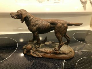 Antique Sculpture Of A Hunting Dog With Bird In Spelter Cooper Cold Painted