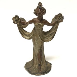 Antique Art Nouveau Cold Painted Spelter Woman Calling Card Metal Holder Figure