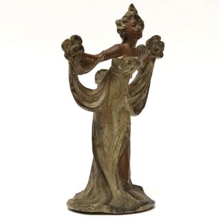 Antique Art Nouveau Cold Painted Spelter Woman Calling Card Metal Holder Figure 2