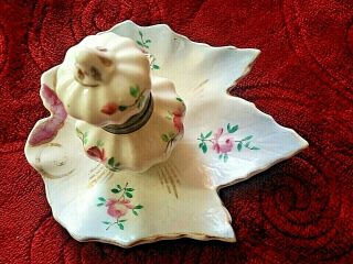 Vintage Antique Inkwell Hand Painted Flowers On Porcelain China On Tray 1920 