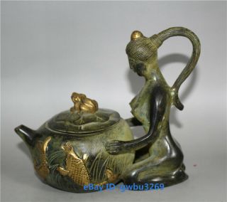 Rare Chinese Bronze Gilded Statue Hand - Carved Shih Tzu Beauty Teapot Decoration