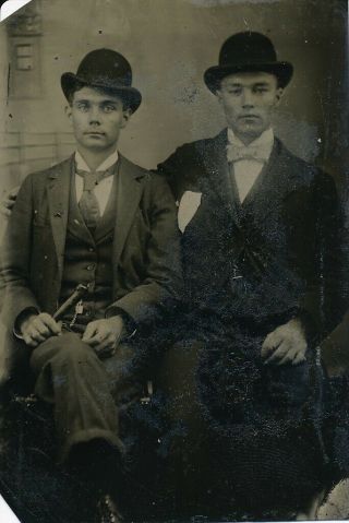 Tintype Photograph 2 Young Men Bowler Hats Tie Affectionate Gay Interest Antique