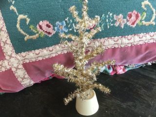 Antique Vintage Gold Tinsel Christmas Tree With Cotton Flocking & Wood Base