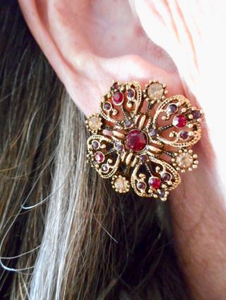 Authentic Vintage Avon Rare Antique Bronze W/red Rhinestone Clip Earrings