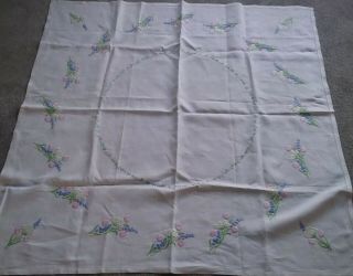 Vintage Pretty Linen Hand Embroidered Tablecloth English Country Garden Flowers