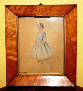 Antique 19th Century Chalk Drawing Of A Little Girl In Blue Dress
