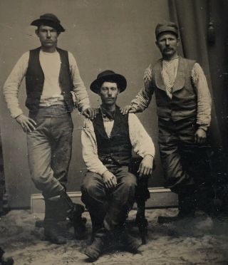 Antique American Three Young Men Work Wear Cloths Tintype Photo