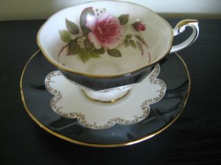 Queens Ebony Large Pink Cabbage Rose Tea Cup And Saucer