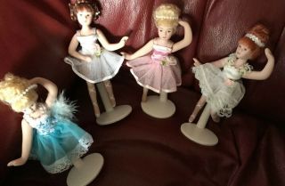 Vint 4 Porcelain Ballerina Dolls Xmas Ornaments Red Blonde Hair Tutu 6” W Stands