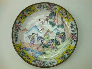 Antique Chinese Enamel On Copper Scenic Dish 6 Inch Asian Famers