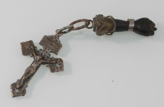 Antique Brass Figa Mano Hand Charm With Cross Wood