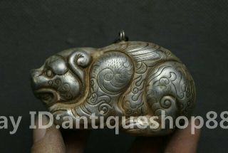 76mm Chinese Ancient Miao Silver Fengshui Zodiac Year Tiger Beast Amulet Pendant