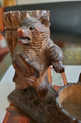 Antique Black Forest carved wood bear pipe holder match safe glass eyes 19th c. 2