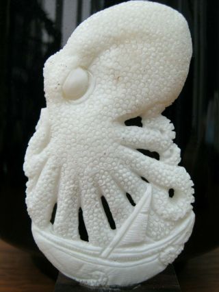 Unusual Hand Carved Scrimshaw Statue Of Octopus Attacking A Boat In Buffalo Bone