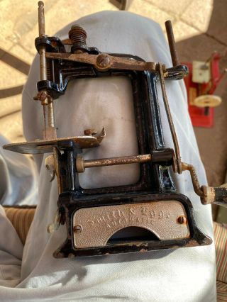 Antique Smith Egge Automatic Cast Iron Hand Crank Miniature Toy Sewing Machine