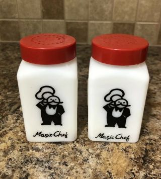 Magic Chef Vintage Rare Milk Glass Salt & Pepper Shakers Red Lids Black Logo