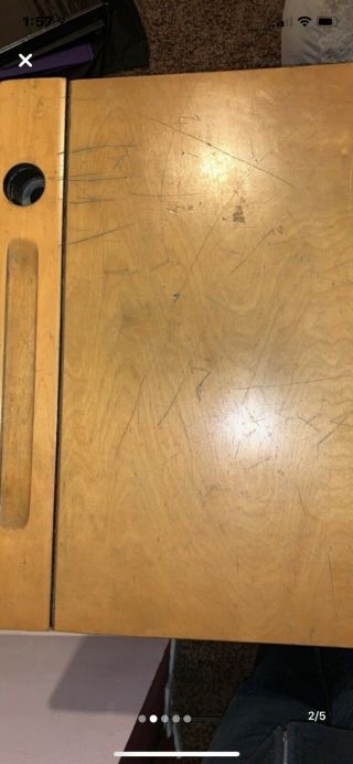 Vintage Child ' s School Desk & Chair Wood And Metal 2