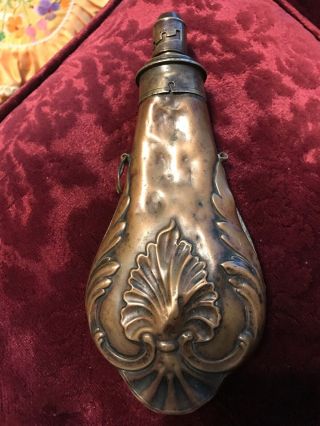 Vintage Antique Copper Brass Gun Powder Horn Flask Shettfield J & G.  W.  Hawksley
