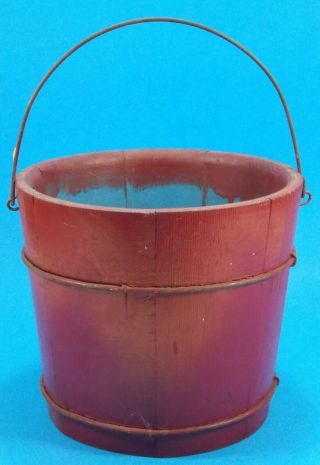 Vintage Small Red Wooden Bucket Or Pail,  Bale Handle,  Cute