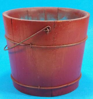 Vintage Small Red Wooden Bucket or Pail,  Bale Handle,  Cute 3