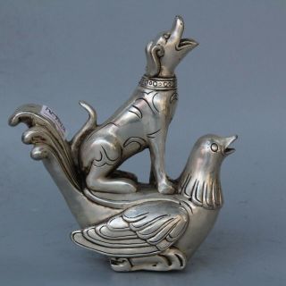 Tibet Collectable Handwork Miao Silver Carve Chicken Carry Dog Exorcism Statues