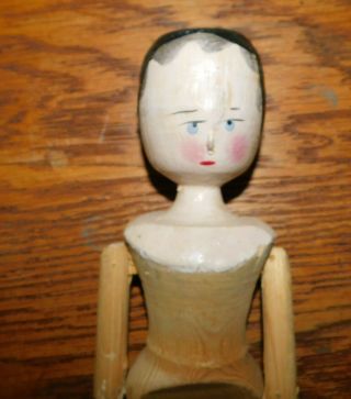 Early 12 " Primitive Jointed Penny Peg Wooden Doll Grodnertal Type Germany