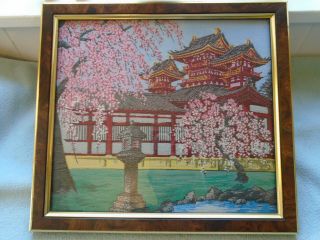 Framed Fine Woodblock Japanese Silk Embroidery Pagoda & Blossom