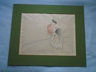 Antique Japanese Woodblock Print (signed) Man With Coy Carp