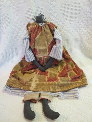 Vtg 24 " Handmade Primitive Black Cloth Doll W/ Crow Folk Art Antique Quilt Dress