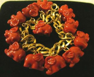 Rare Vintage 12k Gold Filled Chinese Coral Elephant Charm Bracelet Fob