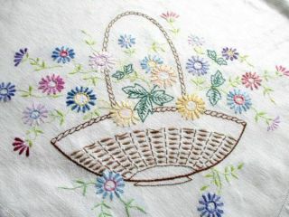 Vintage Tablecloth Hand Embroidered Baskets Of Flowers - Linen