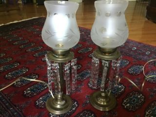 Antique Brass Hurricane Boudoir Lamps With Ornate Beveled Crystals