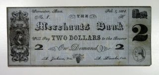 Worcester,  Ma.  Merchants Bank 1864 $2 College Currency Xf - Au Rare
