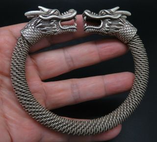 Vintage Viking Style Silver Bangle With Dual Dragon Heads Terminal