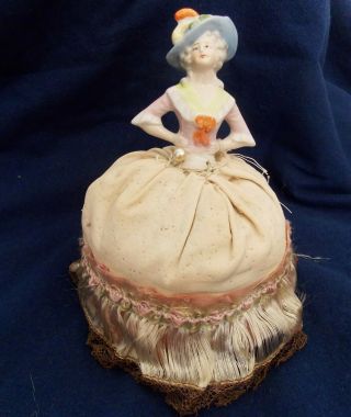 Vintage Antique Porcelain Half Doll Sewing Pin Cushion - Germany 4885